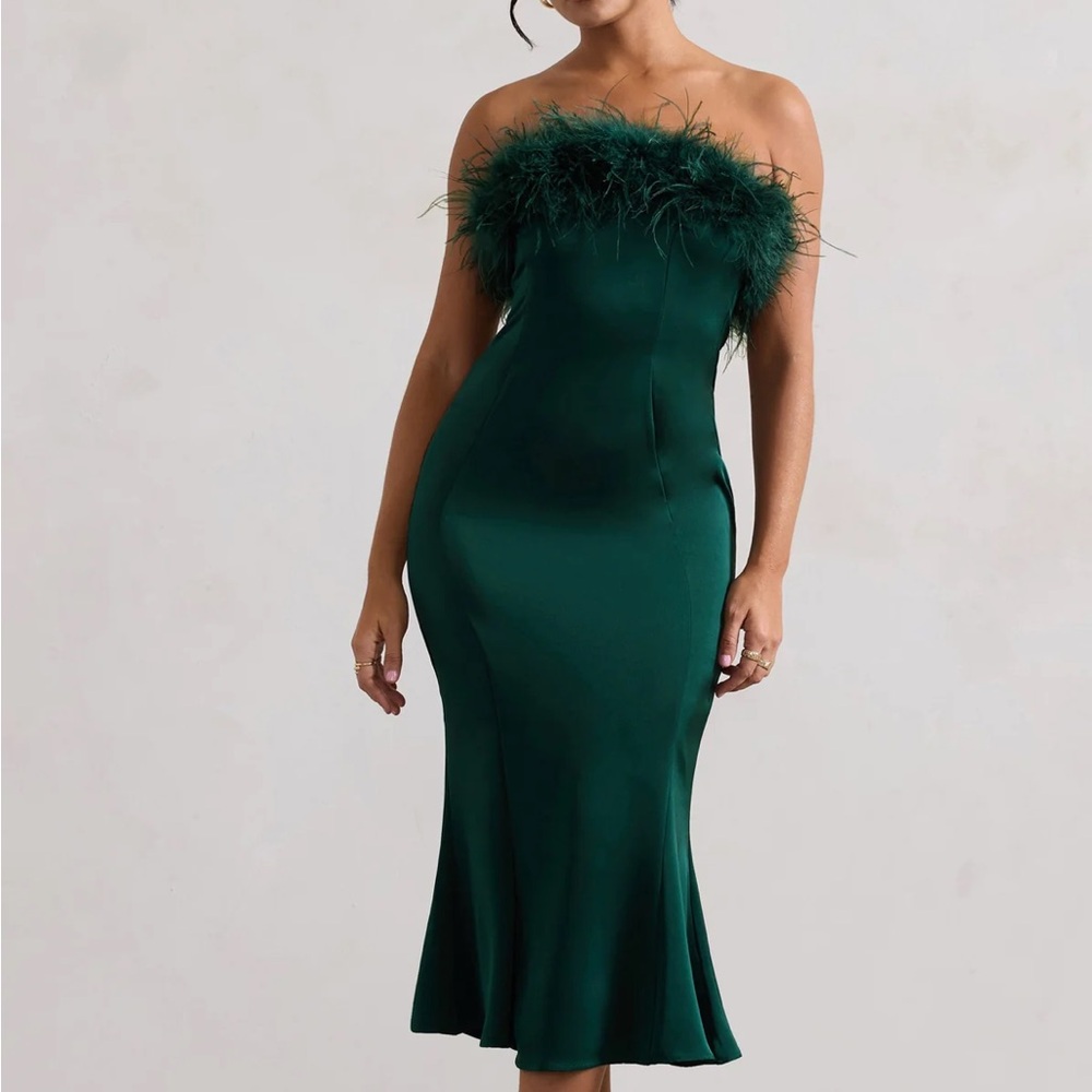 Club L London Strapless Satin Dark Green Fur Trim Dress